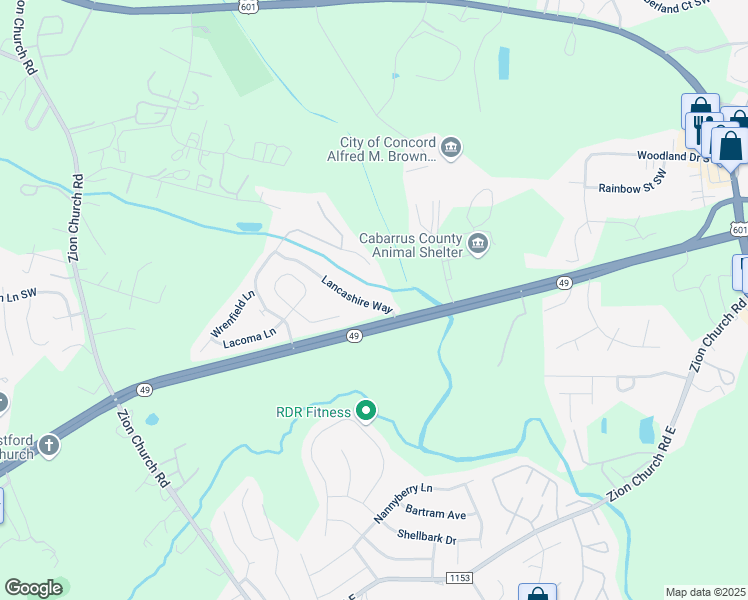 map of restaurants, bars, coffee shops, grocery stores, and more near 605 Lancashire Way in Concord