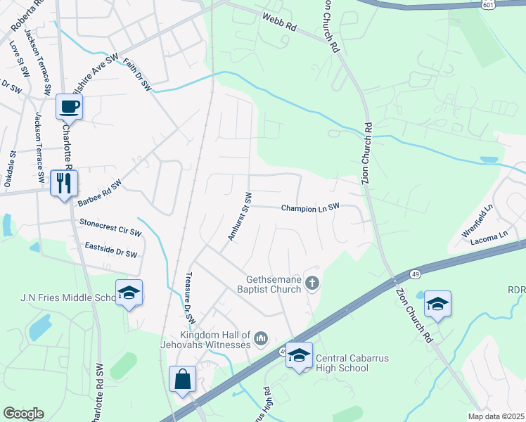 map of restaurants, bars, coffee shops, grocery stores, and more near 2998 Champion Lane Southwest in Concord