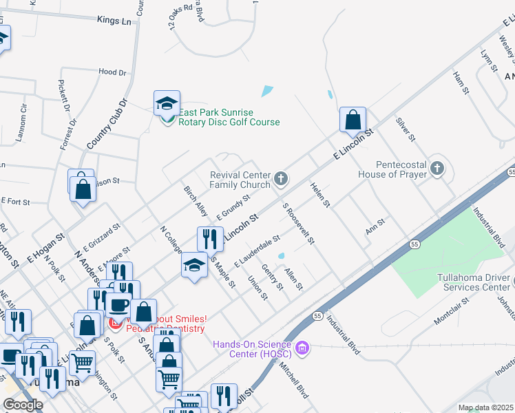 map of restaurants, bars, coffee shops, grocery stores, and more near 1113 East Lincoln Street in Tullahoma