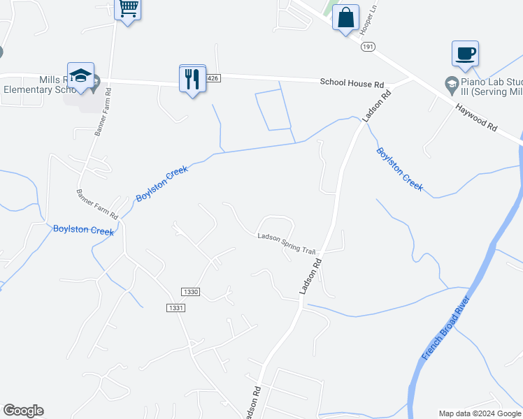 map of restaurants, bars, coffee shops, grocery stores, and more near 112 French Mill Trail in Mills River