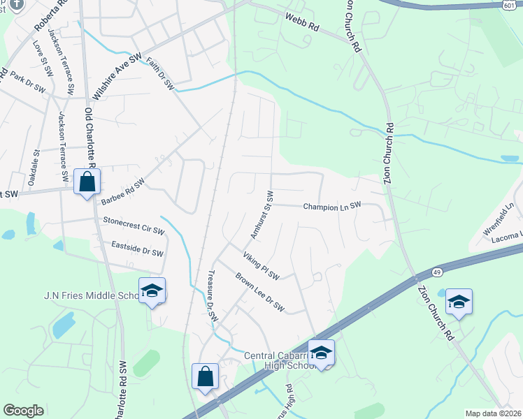 map of restaurants, bars, coffee shops, grocery stores, and more near 411 Amhurst Street Southwest in Concord
