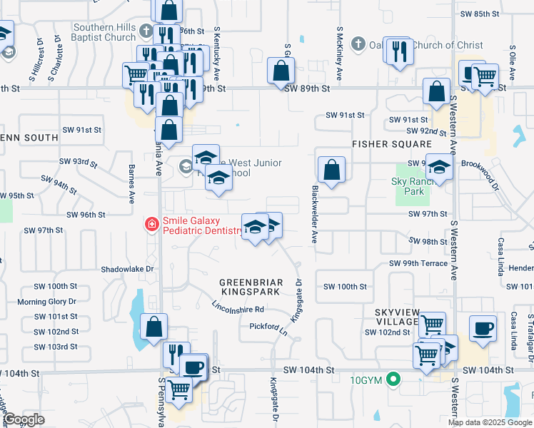 map of restaurants, bars, coffee shops, grocery stores, and more near 1517 Southwest 96th Street in Oklahoma City
