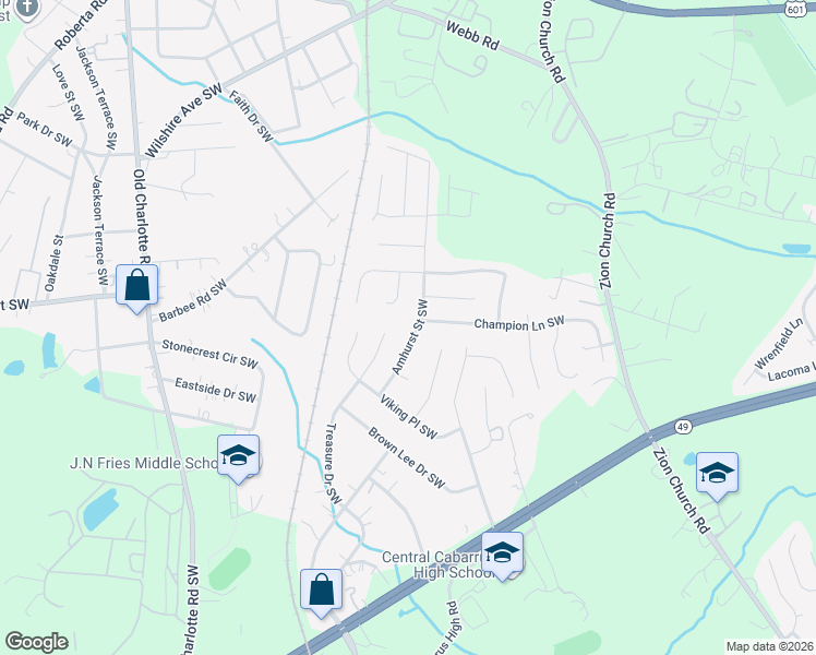 map of restaurants, bars, coffee shops, grocery stores, and more near 411 Amhurst Street Southwest in Concord