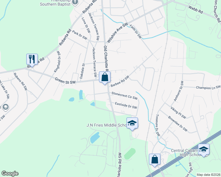 map of restaurants, bars, coffee shops, grocery stores, and more near 1250 Old Charlotte Road Southwest in Concord