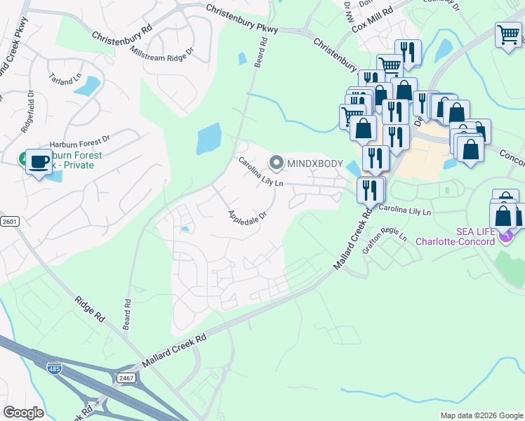 map of restaurants, bars, coffee shops, grocery stores, and more near 2918 Bridgeville Lane in Charlotte