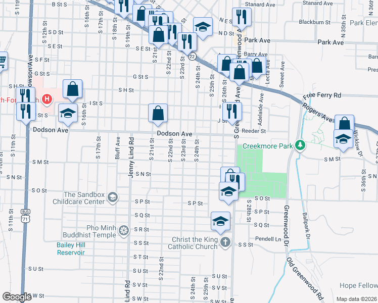 map of restaurants, bars, coffee shops, grocery stores, and more near 2401 South L Street in Fort Smith