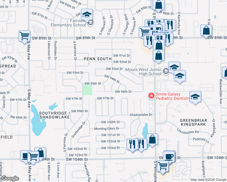 map of restaurants, bars, coffee shops, grocery stores, and more near 9601 Honeysuckle Road in Oklahoma City