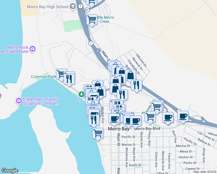 map of restaurants, bars, coffee shops, grocery stores, and more near 1215 Morro Avenue in Morro Bay