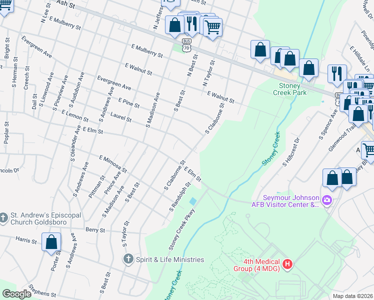 map of restaurants, bars, coffee shops, grocery stores, and more near 1808 Laurel Street in Goldsboro