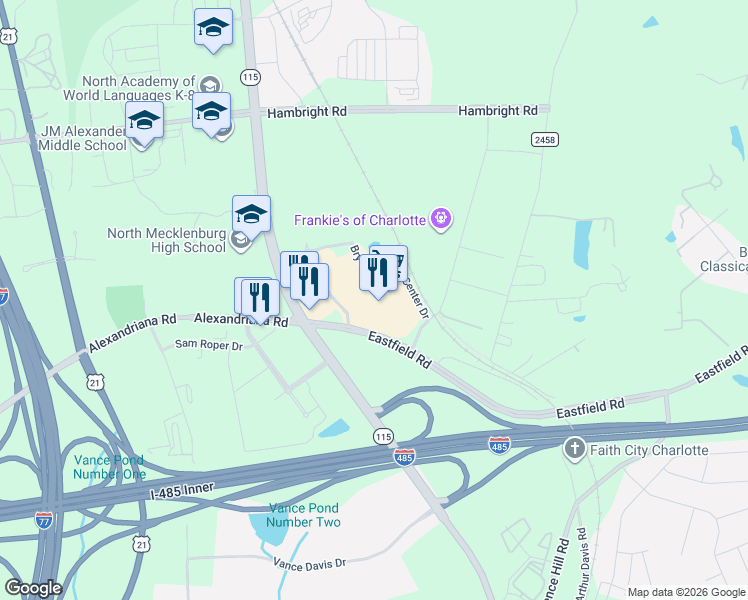 map of restaurants, bars, coffee shops, grocery stores, and more near 11145 Bryton Town Center Drive in Huntersville