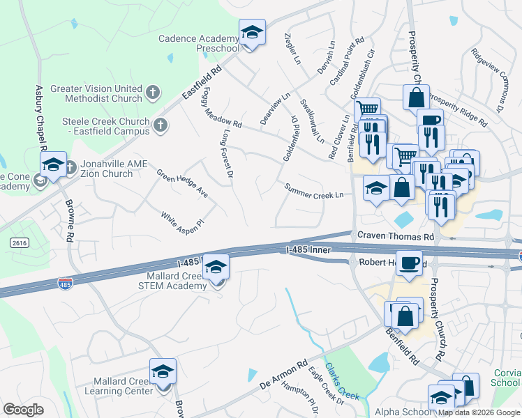 map of restaurants, bars, coffee shops, grocery stores, and more near 6114 Goldenfield Drive in Charlotte