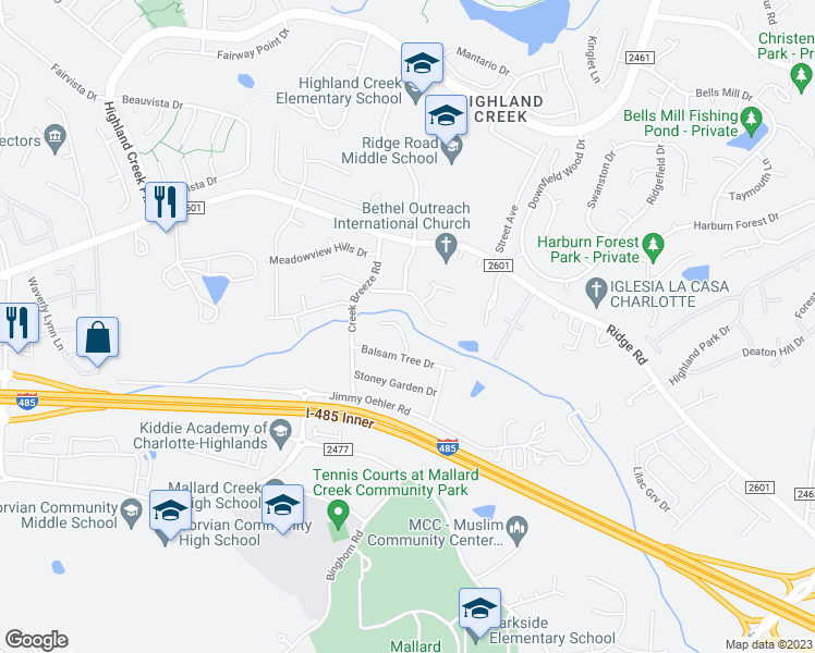 map of restaurants, bars, coffee shops, grocery stores, and more near 6333 Stoney Valley Court in Charlotte