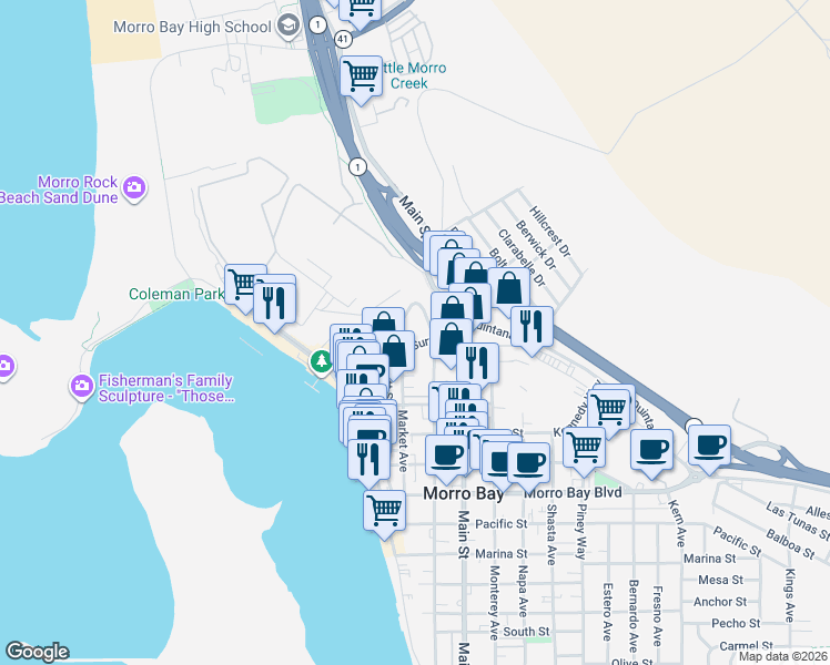 map of restaurants, bars, coffee shops, grocery stores, and more near in Morro Bay