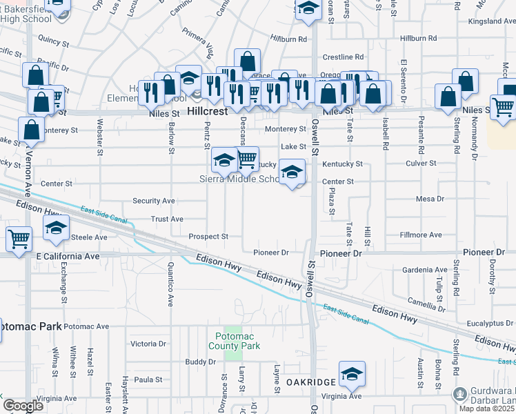 map of restaurants, bars, coffee shops, grocery stores, and more near 2901 Center Street in Bakersfield