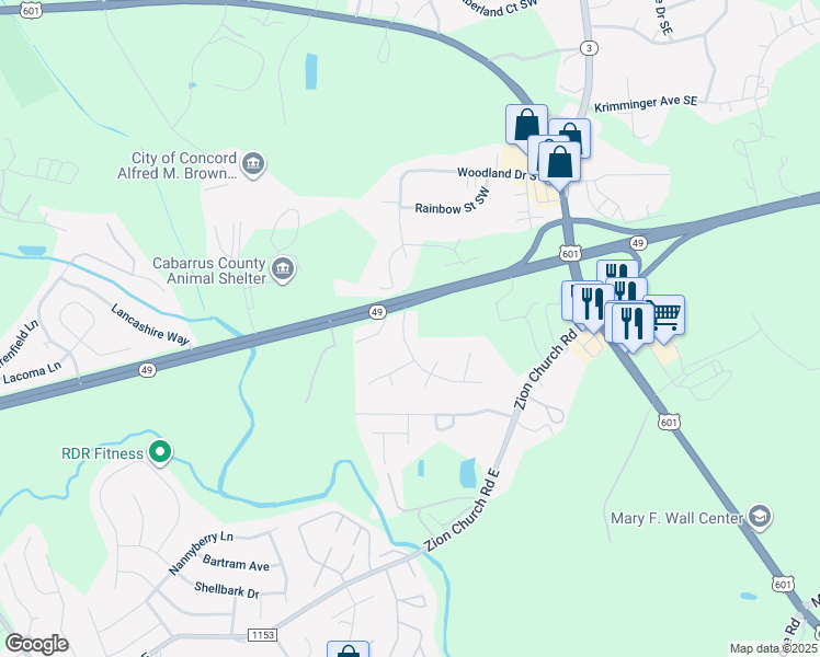 map of restaurants, bars, coffee shops, grocery stores, and more near 315 Windrose Lane Southwest in Concord