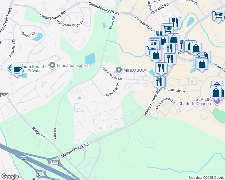map of restaurants, bars, coffee shops, grocery stores, and more near 2918 Bridgeville Lane in Charlotte