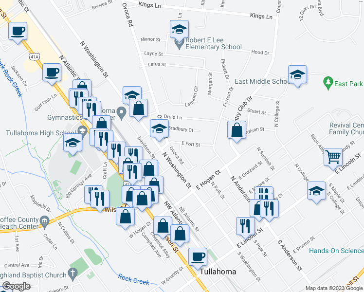 map of restaurants, bars, coffee shops, grocery stores, and more near 300 East Fort Street in Tullahoma