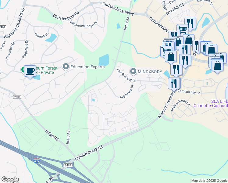 map of restaurants, bars, coffee shops, grocery stores, and more near 8505 Appledale Drive in Charlotte