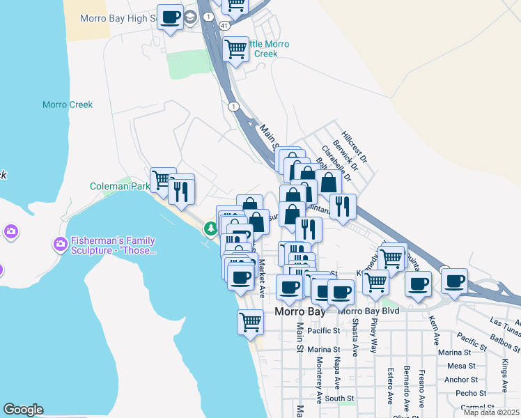 map of restaurants, bars, coffee shops, grocery stores, and more near 1260 Scott Street in Morro Bay