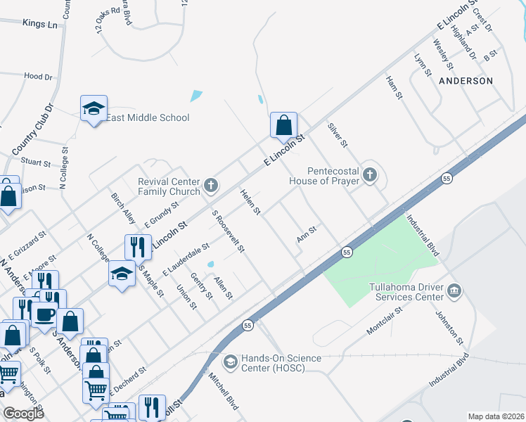 map of restaurants, bars, coffee shops, grocery stores, and more near 905 Leona Avenue in Tullahoma