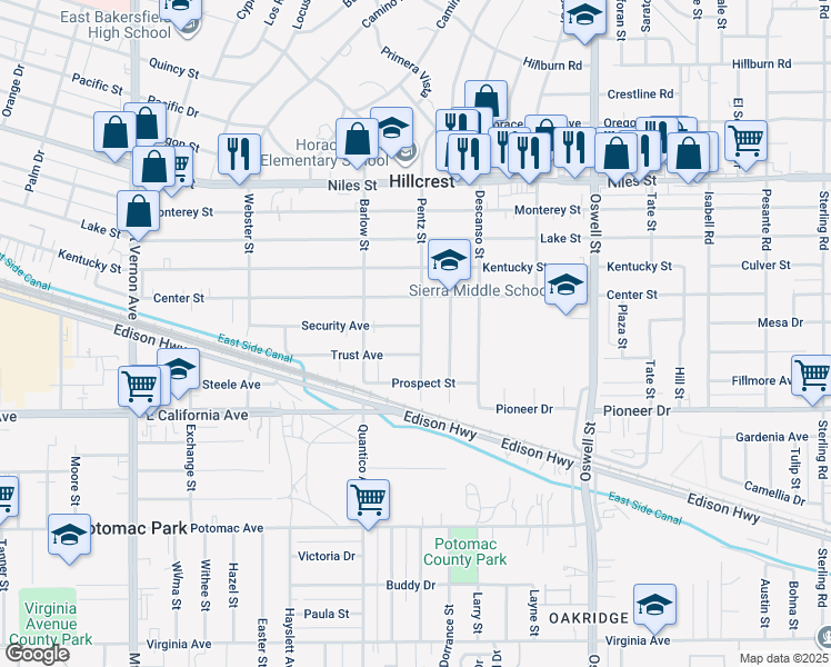 map of restaurants, bars, coffee shops, grocery stores, and more near 805 Pentz Street in Bakersfield
