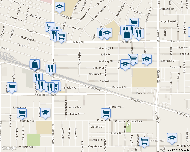 map of restaurants, bars, coffee shops, grocery stores, and more near 2630 Security Avenue in Bakersfield
