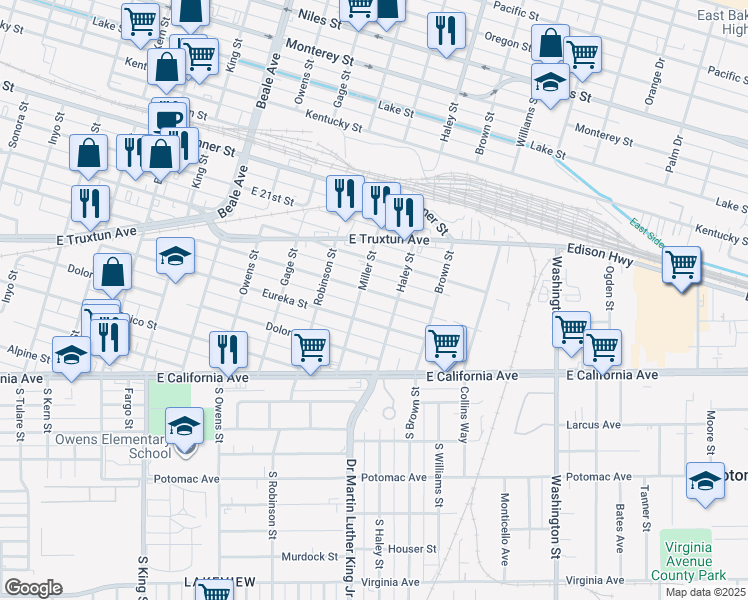 map of restaurants, bars, coffee shops, grocery stores, and more near 1300 East 18th Street in Bakersfield