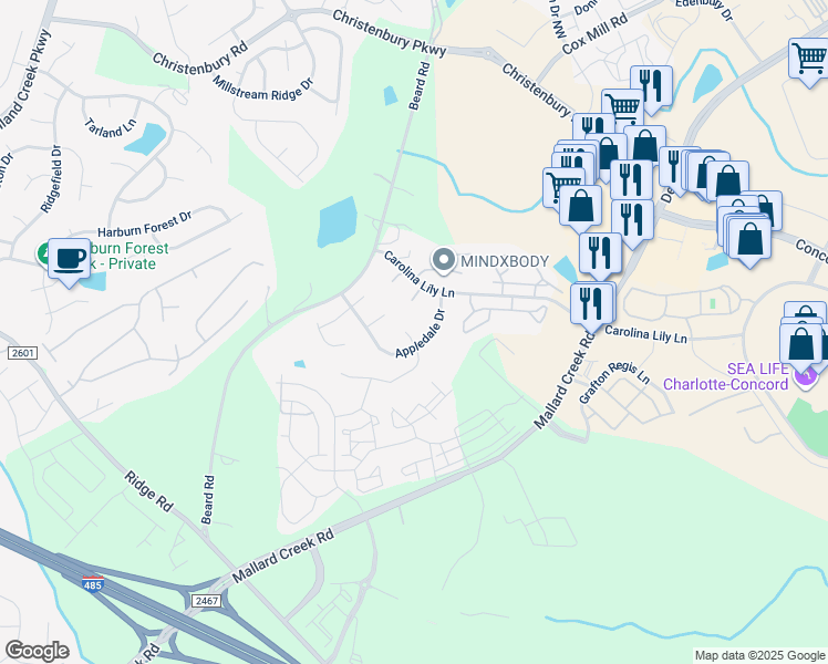 map of restaurants, bars, coffee shops, grocery stores, and more near 2918 Bridgeville Lane in Charlotte