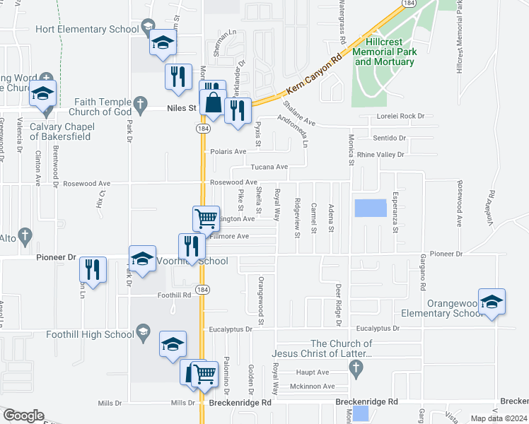 map of restaurants, bars, coffee shops, grocery stores, and more near 1405 Sheila Street in Bakersfield