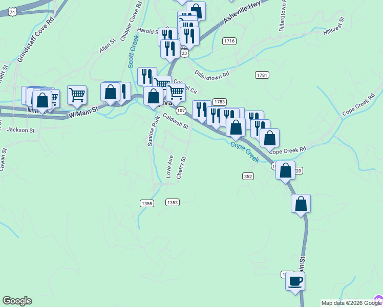 map of restaurants, bars, coffee shops, grocery stores, and more near 144 Cherry Street in Sylva