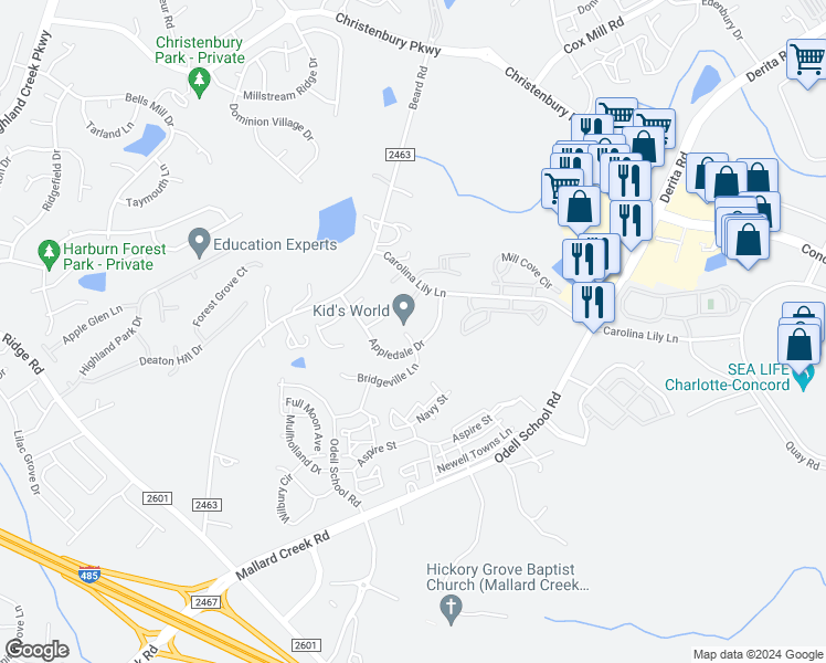 map of restaurants, bars, coffee shops, grocery stores, and more near 2918 Bridgeville Lane in Charlotte