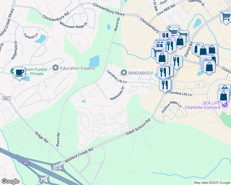 map of restaurants, bars, coffee shops, grocery stores, and more near 2910 Bridgeville Lane in Charlotte