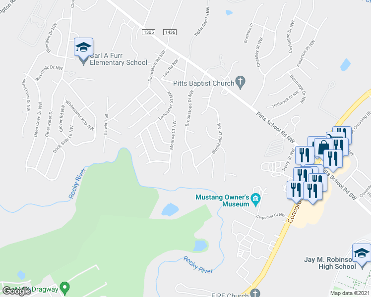 map of restaurants, bars, coffee shops, grocery stores, and more near 5704 Spring Gate Court Northwest in Concord