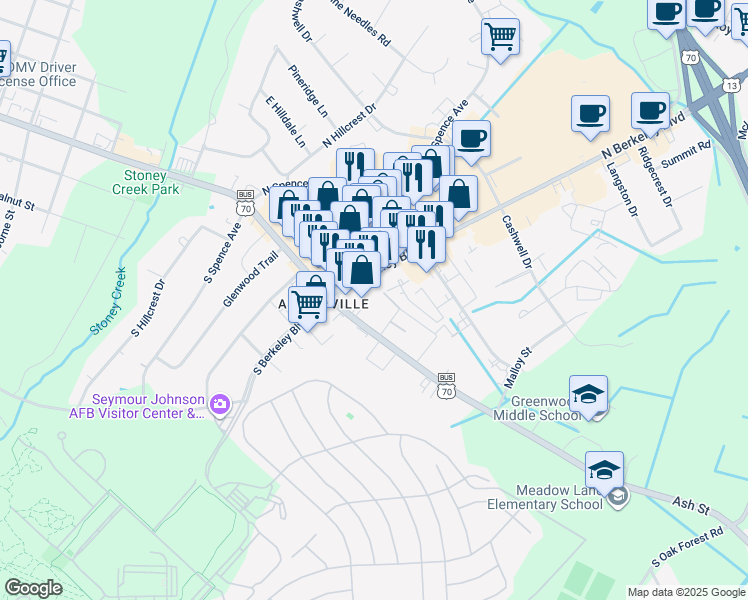 map of restaurants, bars, coffee shops, grocery stores, and more near 2710 Carol Street in Goldsboro