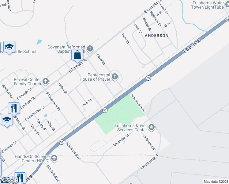 map of restaurants, bars, coffee shops, grocery stores, and more near 149 Freeman Street in Tullahoma