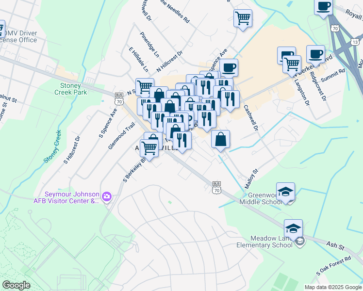 map of restaurants, bars, coffee shops, grocery stores, and more near 2710 Carol Street in Goldsboro