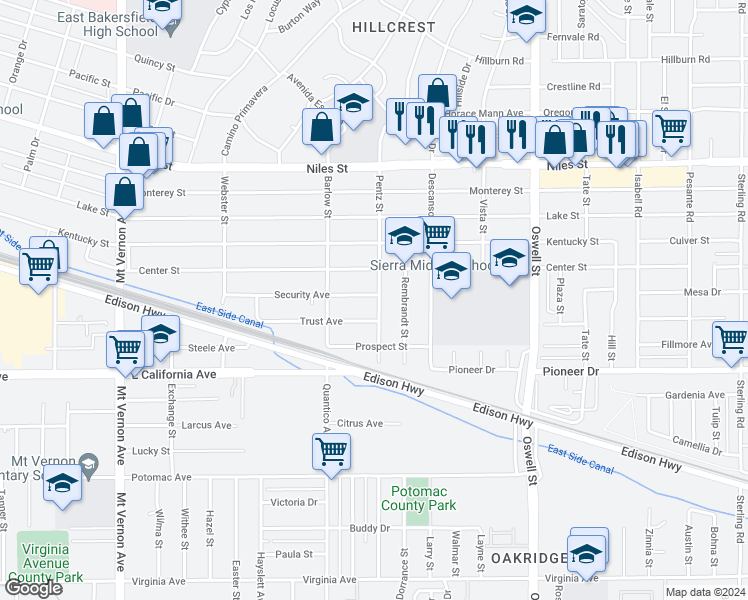 map of restaurants, bars, coffee shops, grocery stores, and more near 2731 Security Avenue in Bakersfield