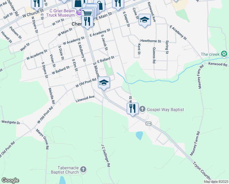 map of restaurants, bars, coffee shops, grocery stores, and more near 604 Edna Graves Way in Cherryville