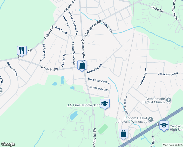 map of restaurants, bars, coffee shops, grocery stores, and more near 18 Barbee Road Southwest in Concord