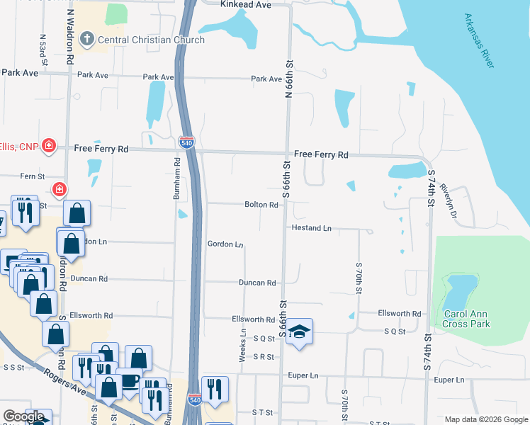map of restaurants, bars, coffee shops, grocery stores, and more near 1105 East Jackson Drive in Fort Smith