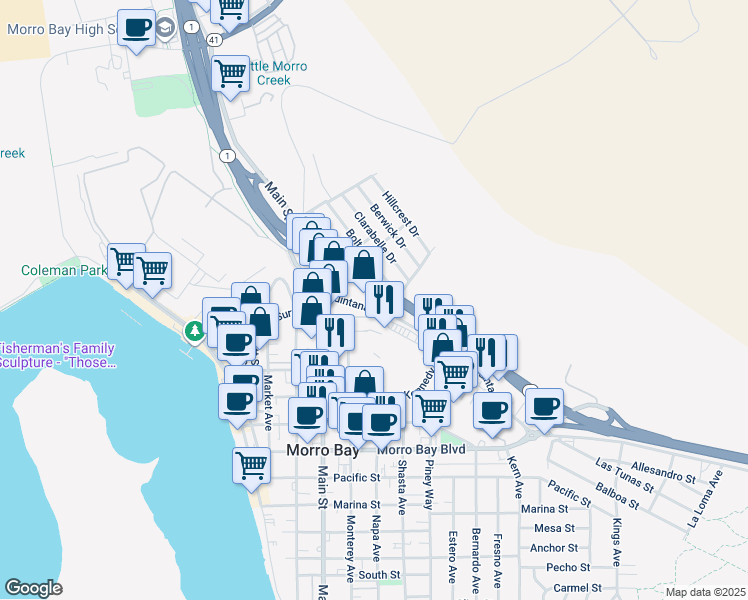 map of restaurants, bars, coffee shops, grocery stores, and more near 387 Quintana Road in Morro Bay