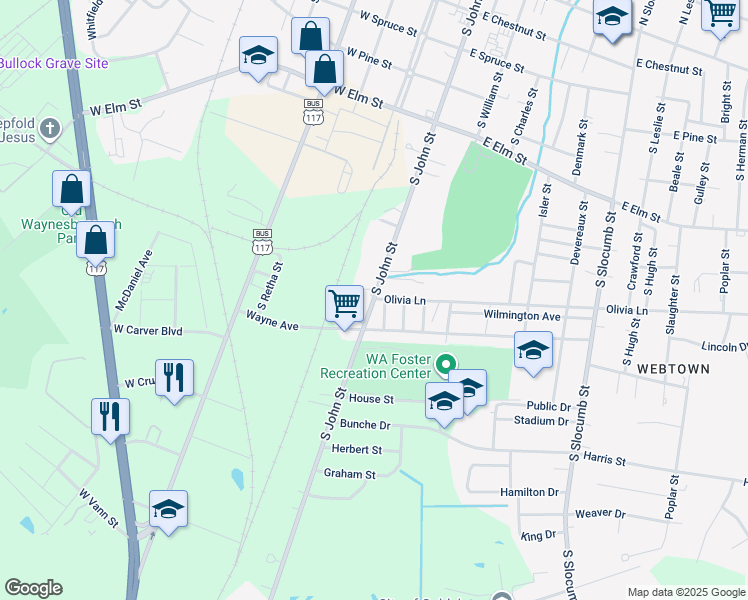 map of restaurants, bars, coffee shops, grocery stores, and more near 800 S John St in Goldsboro