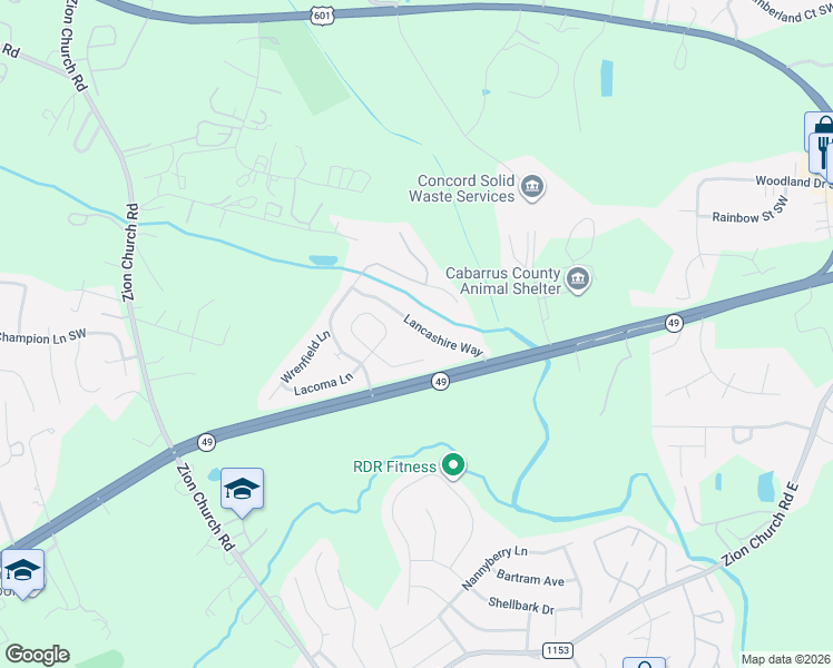 map of restaurants, bars, coffee shops, grocery stores, and more near 627 Lancashire Way in Concord