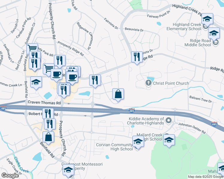map of restaurants, bars, coffee shops, grocery stores, and more near 5815 Waverly Lynn Lane in Charlotte