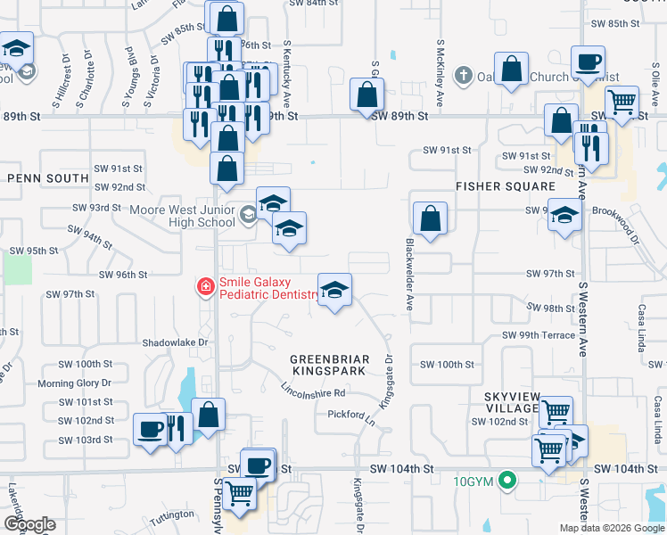map of restaurants, bars, coffee shops, grocery stores, and more near 1400 Southwest 95th Court in Oklahoma City