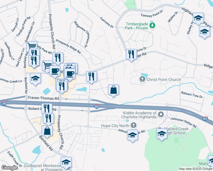 map of restaurants, bars, coffee shops, grocery stores, and more near 3834 Thomas Ridge Drive in Charlotte