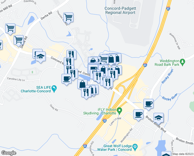 map of restaurants, bars, coffee shops, grocery stores, and more near 8301 Concord Mills Blvd in Concord