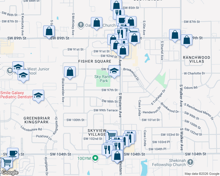 map of restaurants, bars, coffee shops, grocery stores, and more near 927 Southwest 97th Street in Oklahoma City