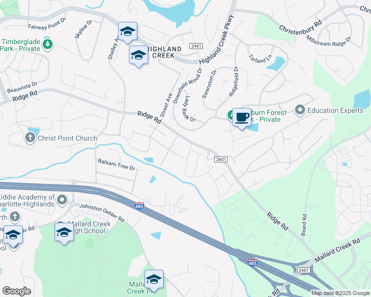 map of restaurants, bars, coffee shops, grocery stores, and more near 3401 Ridge Road in Charlotte