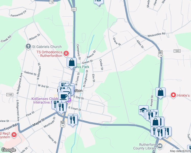 map of restaurants, bars, coffee shops, grocery stores, and more near 122 Collett Street in Rutherfordton